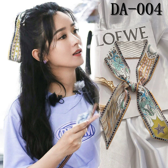 Retro Floral Parrot Print Narrow Long Silk Hair Scarf Elegant Hair Ribbon For Women