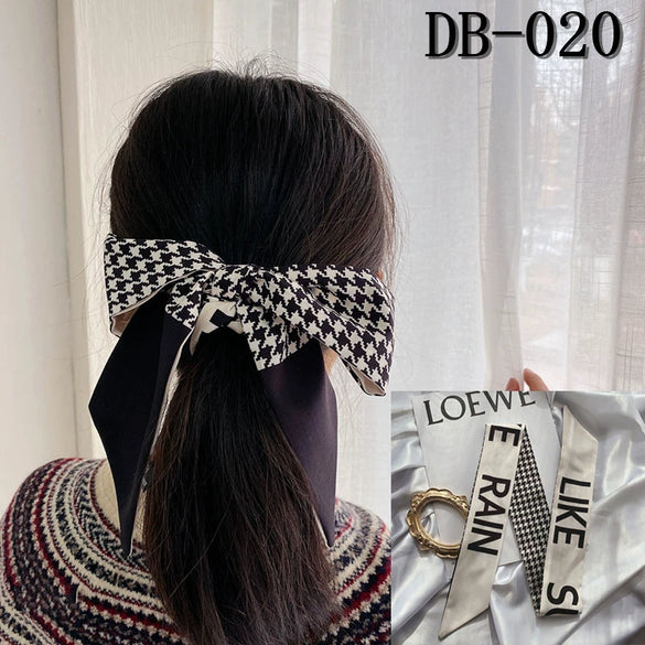 Retro Floral Parrot Print Narrow Long Silk Hair Scarf Elegant Hair Ribbon For Women