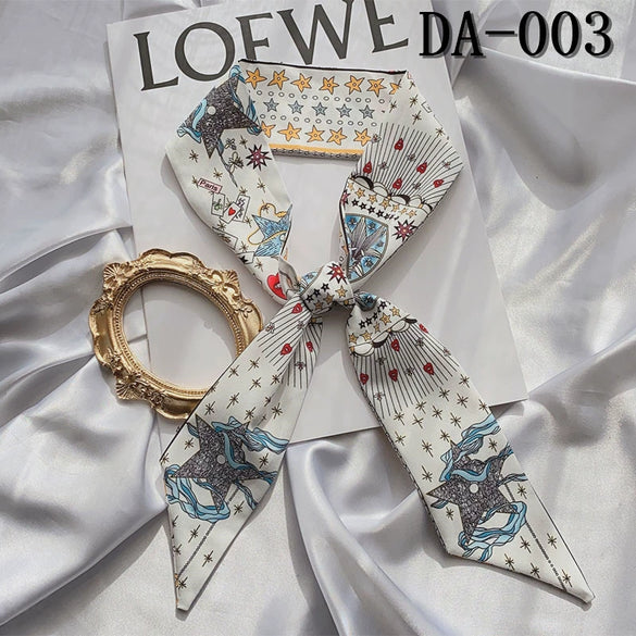 Retro Floral Parrot Print Narrow Long Silk Hair Scarf Elegant Hair Ribbon For Women