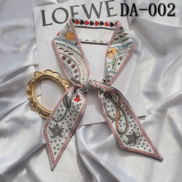 Retro Floral Parrot Print Narrow Long Silk Hair Scarf Elegant Hair Ribbon For Women
