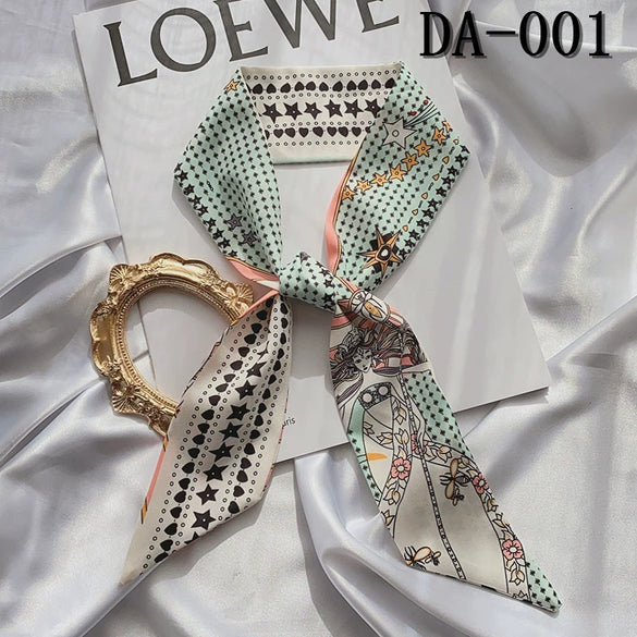 Retro Floral Parrot Print Narrow Long Silk Hair Scarf Elegant Hair Ribbon For Women