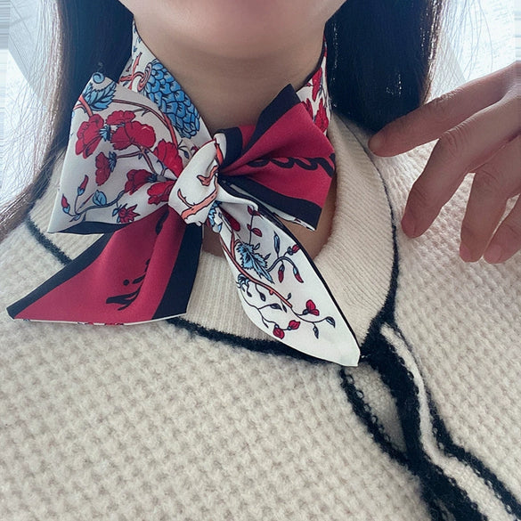 Retro Floral Parrot Print Narrow Long Silk Hair Scarf Elegant Hair Ribbon For Women