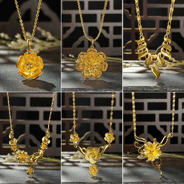Retro Floral Pendant Necklace With Water Wave Chain Copper Alloy Gold Plated Women's Wedding Jewelry