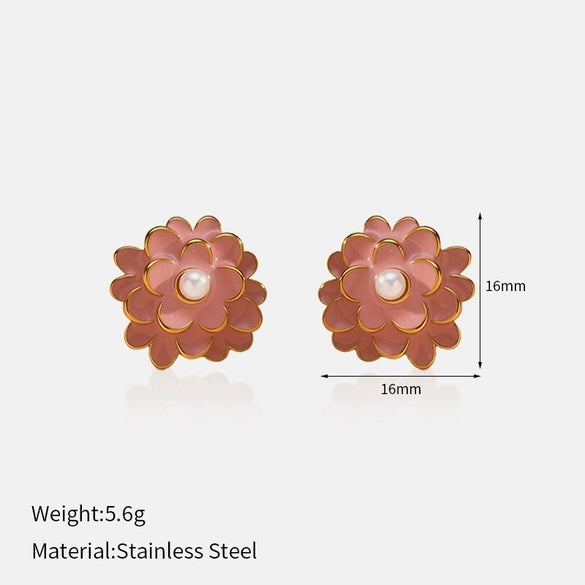 Retro Flower Pattern Goldplated Stainless Steel 18K Dripping Oil Inlaid Imitation Pearl Earrings For Women