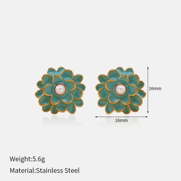 Retro Flower Pattern Goldplated Stainless Steel 18K Dripping Oil Inlaid Imitation Pearl Earrings For Women
