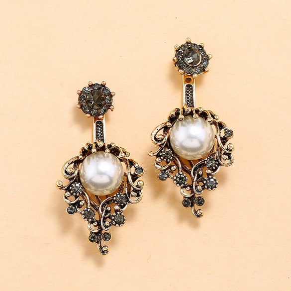 Retro Flower Pearl Rhinestone Alloy Earrings With Electroplated Finish Fashion Wholesale Jewelry