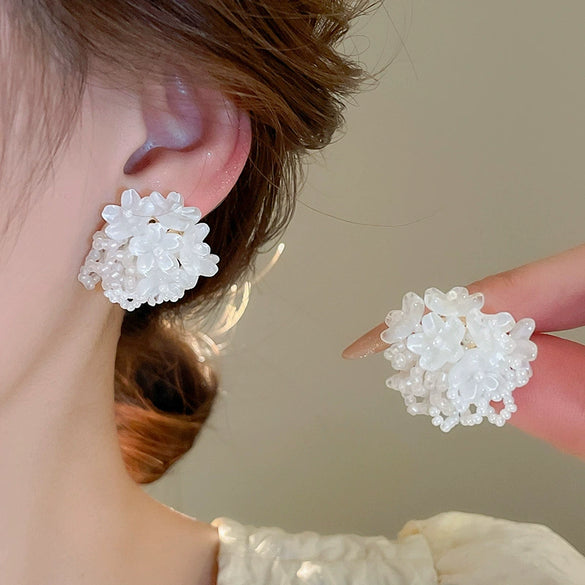 Retro Flower Tassel Pearl U Shaped Earrings For Women Set With Pearls Little Fresh Style