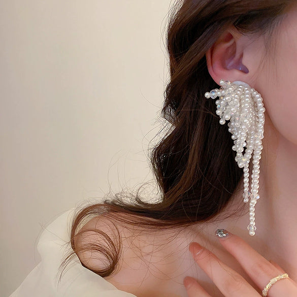 Retro Flower Tassel Pearl U Shaped Earrings For Women Set With Pearls Little Fresh Style