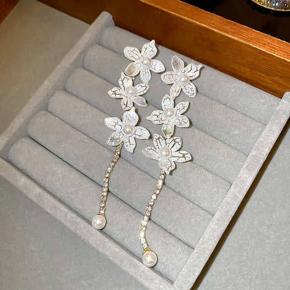 Retro Flower Tassel Pearl U Shaped Earrings For Women Set With Pearls Little Fresh Style