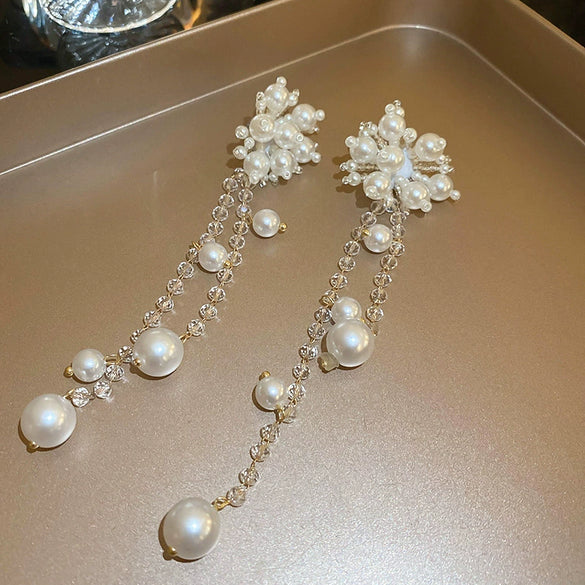 Retro Flower Tassel Pearl U Shaped Earrings For Women Set With Pearls Little Fresh Style