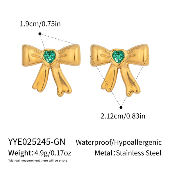 Retro French Bow Inlaid Zircon Stainless Steel Earrings With Electroplating For Girls