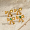 Retro French Bow Inlaid Zircon Stainless Steel Earrings With Electroplating For Girls