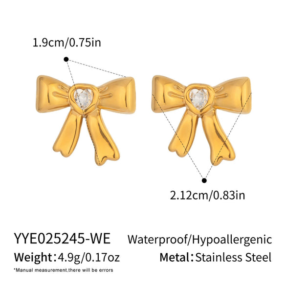 Retro French Bow Inlaid Zircon Stainless Steel Earrings With Electroplating For Girls