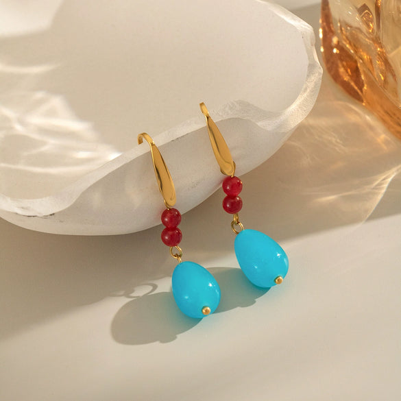 Retro French Classical Sea Blue Natural Stone Women's Geometric Earrings In Titanium Steel With Electroplating