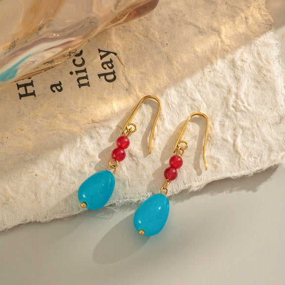 Retro French Classical Sea Blue Natural Stone Women's Geometric Earrings In Titanium Steel With Electroplating