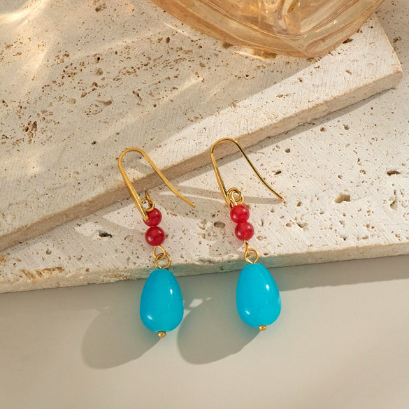 Retro French Classical Sea Blue Natural Stone Women's Geometric Earrings In Titanium Steel With Electroplating