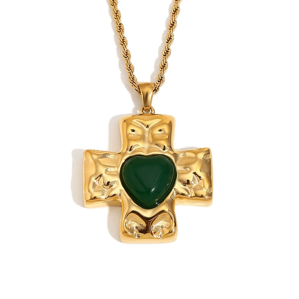 Retro French Style Stainless Steel Necklace Pendant With Hammer Pattern And Love Cross Twist Chain 18K Gold Plated