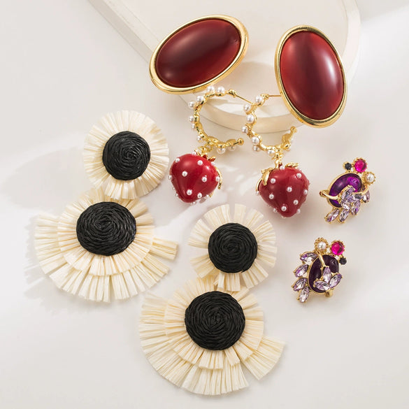 Retro Fruit Style Alloy Earrings For Women With Purple Rhinestone Pearl And Red Oval Strawberry Raffia Flower Design Set With Diamonds