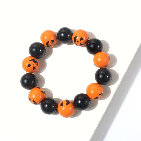 Retro Funny Halloween Pattern Pumpkin Wood Beaded Halloween Women'S Bracelets Necklace