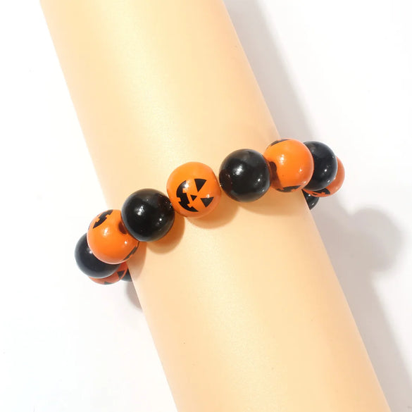 Retro Funny Halloween Pattern Pumpkin Wood Beaded Halloween Women'S Bracelets Necklace
