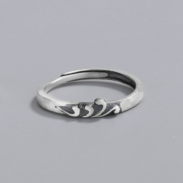 Retro Geometric Adjustable Couple Ring In S925 Sterling Silver With Brushed Finish Opening Band Jewelry
