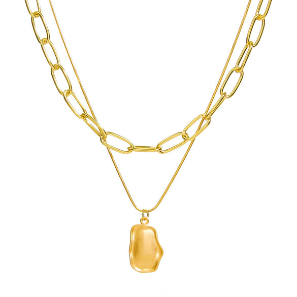 Retro Geometric Alloy Oval Pendant Double Layer Necklace For Women Electroplated O Chain Fashion Jewelry