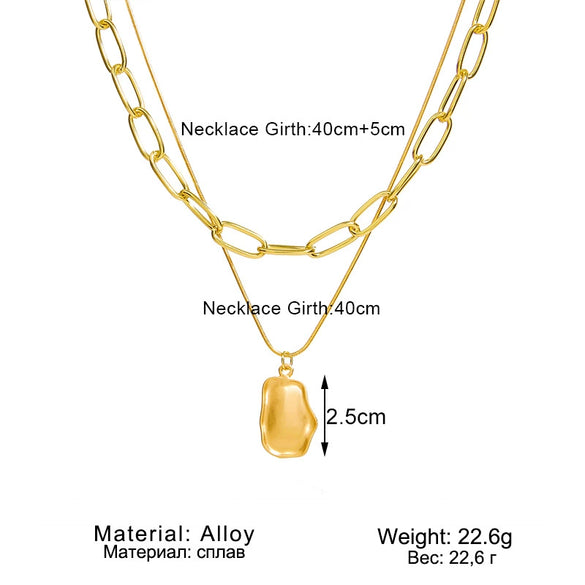 Retro Geometric Alloy Oval Pendant Double Layer Necklace For Women Electroplated O Chain Fashion Jewelry