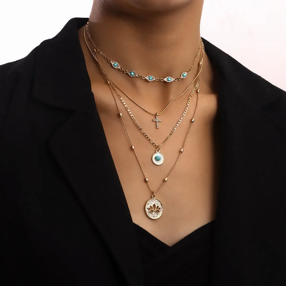 Retro Geometric Alloy Plating Inlay Turquoise Women'S Layered Necklaces