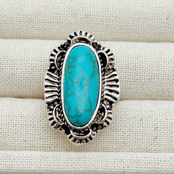 Retro Geometric Alloy Ring Set With Turquoise Inlays Carved Patterns And Polished Electroplated Finish For Unisex Fashion Accessories