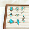Retro Geometric Alloy Ring Set With Turquoise Inlays Carved Patterns And Polished Electroplated Finish For Unisex Fashion Accessories