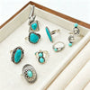 Retro Geometric Alloy Ring Set With Turquoise Inlays Carved Patterns And Polished Electroplated Finish For Unisex Fashion Accessories