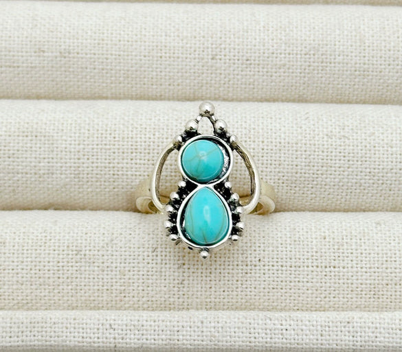 Retro Geometric Alloy Ring Set With Turquoise Inlays Carved Patterns And Polished Electroplated Finish For Unisex Fashion Accessories
