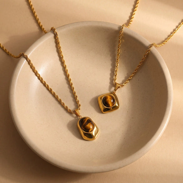 Retro Geometric Asymmetrical Stainless Steel Necklace With Tiger's Eye Stone And Vacuum Plated Finish For Women
