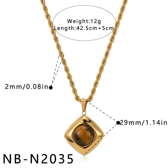 Retro Geometric Asymmetrical Stainless Steel Necklace With Tiger's Eye Stone And Vacuum Plated Finish For Women