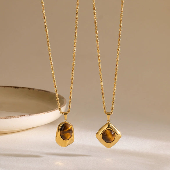 Retro Geometric Asymmetrical Stainless Steel Necklace With Tiger's Eye Stone And Vacuum Plated Finish For Women