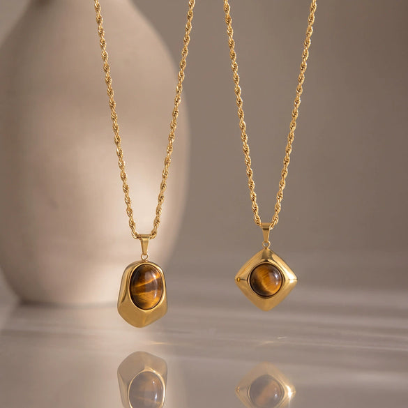 Retro Geometric Asymmetrical Stainless Steel Necklace With Tiger's Eye Stone And Vacuum Plated Finish For Women