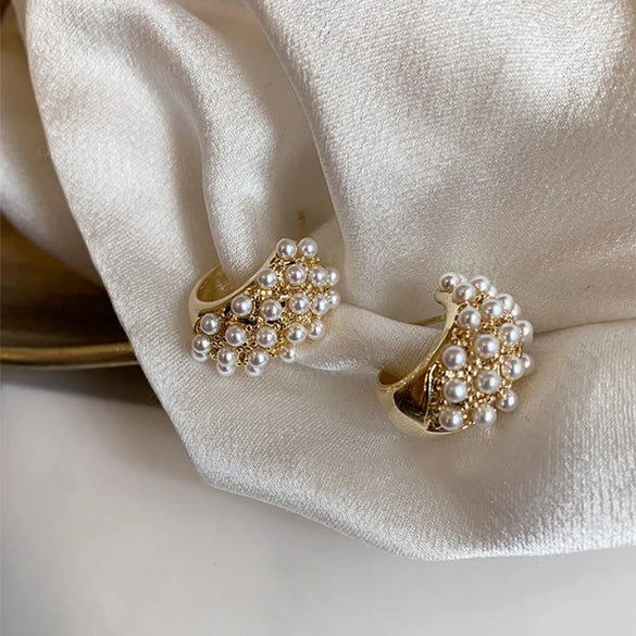 Retro Geometric Copper Inlay Artificial Pearls Zircon Ear Studs 1 Pair