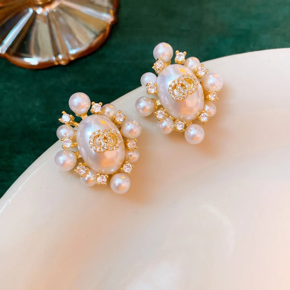 Retro Geometric Copper Inlay Artificial Pearls Zircon Ear Studs 1 Pair