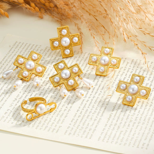 Retro Geometric Cross Pattern Electroplated Stainless Steel Earrings And Ring Set With Pearl Accents For Women