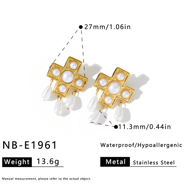 Retro Geometric Cross Pattern Electroplated Stainless Steel Earrings And Ring Set With Pearl Accents For Women