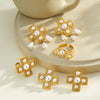 Retro Geometric Cross Pattern Electroplated Stainless Steel Earrings And Ring Set With Pearl Accents For Women