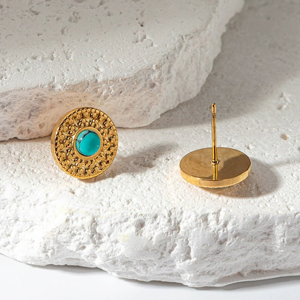 Retro Geometric Embossed Turquoise Inlay Stainless Steel Earrings For Women With Electroplating Design