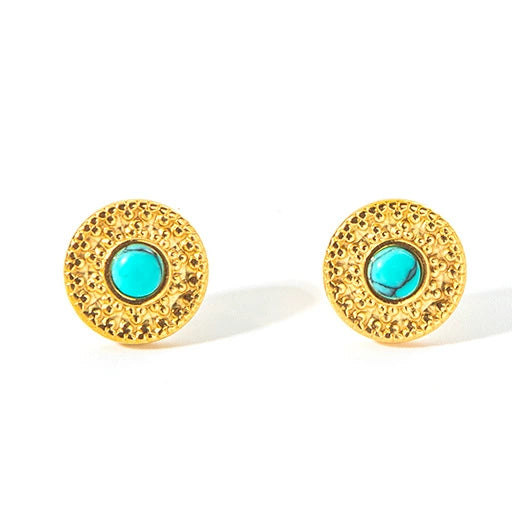 Retro Geometric Embossed Turquoise Inlay Stainless Steel Earrings For Women With Electroplating Design