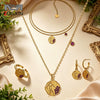 Retro Geometric Figure Relief Stainless Steel Jewelry Set With Purple Zircon Necklace Ring Earrings And Bracelet