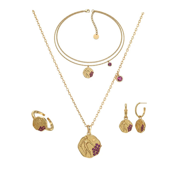 Retro Geometric Figure Relief Stainless Steel Jewelry Set With Purple Zircon Necklace Ring Earrings And Bracelet