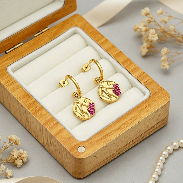 Retro Geometric Figure Relief Stainless Steel Jewelry Set With Purple Zircon Necklace Ring Earrings And Bracelet