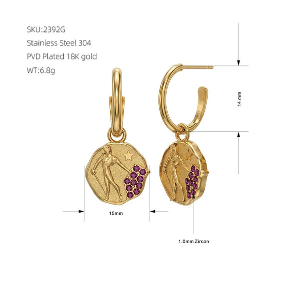 Retro Geometric Figure Relief Stainless Steel Jewelry Set With Purple Zircon Necklace Ring Earrings And Bracelet
