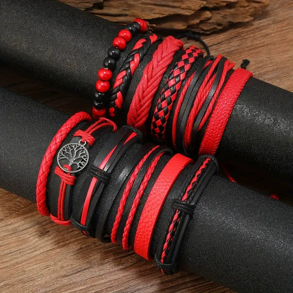 Retro Geometric Fivepointed Star Life Tree Multilayer Zinc Alloy Leather Handwoven Unisex Bracelet