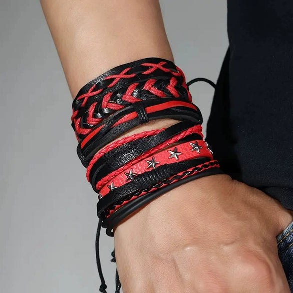 Retro Geometric Fivepointed Star Life Tree Multilayer Zinc Alloy Leather Handwoven Unisex Bracelet