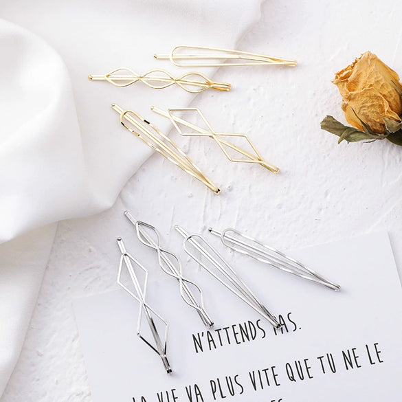 Retro Geometric Gold Tone Alloy Side Hair Clips Electroplated Simple Bangs Hairpins Versatile Women's Hair Accessories Set